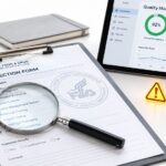 Inspection checklist, magnifying glass and quality dashboard illustrating an FDA Form 483 vs warning letter review