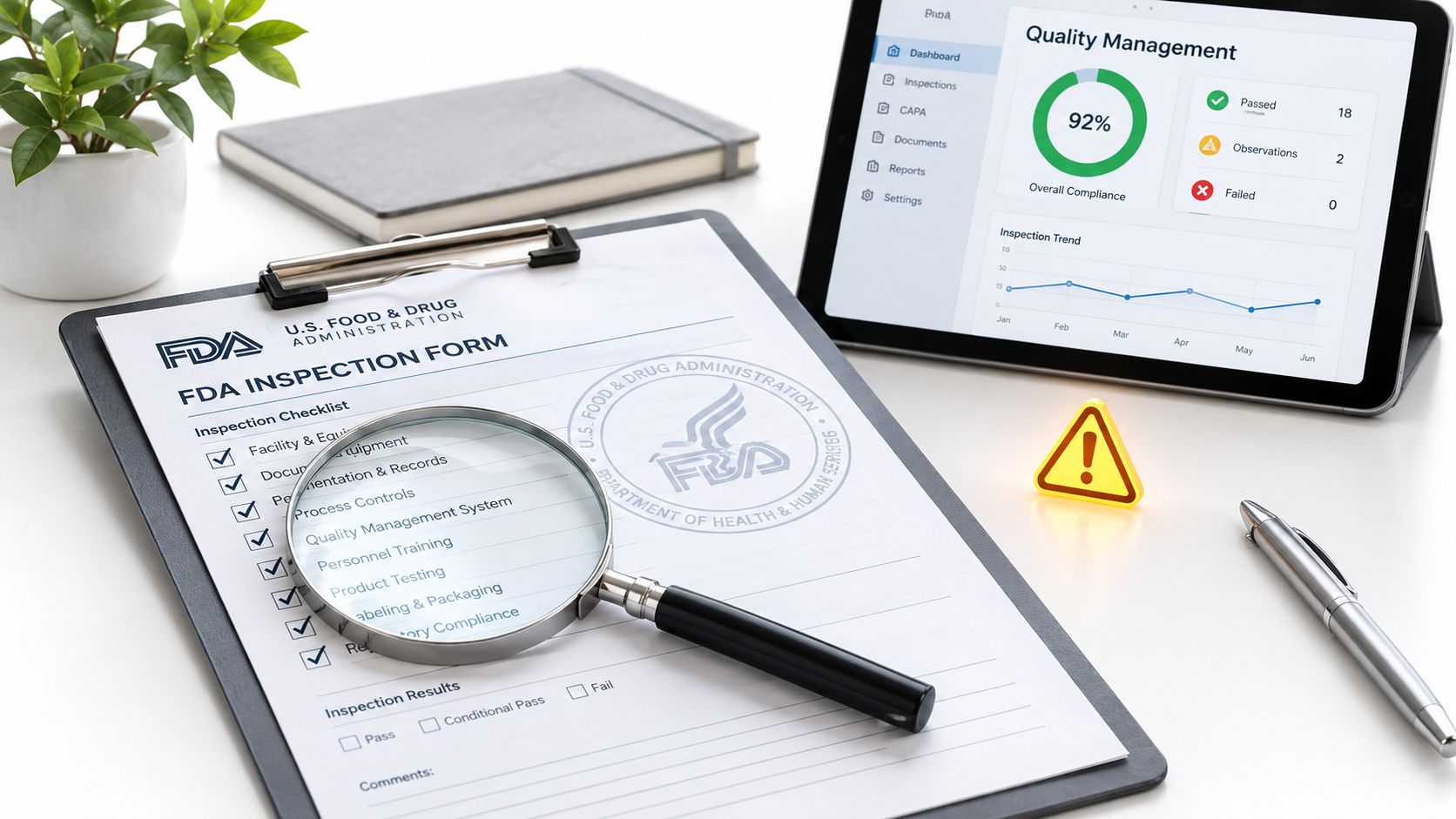 Inspection checklist, magnifying glass and quality dashboard illustrating an FDA Form 483 vs warning letter review