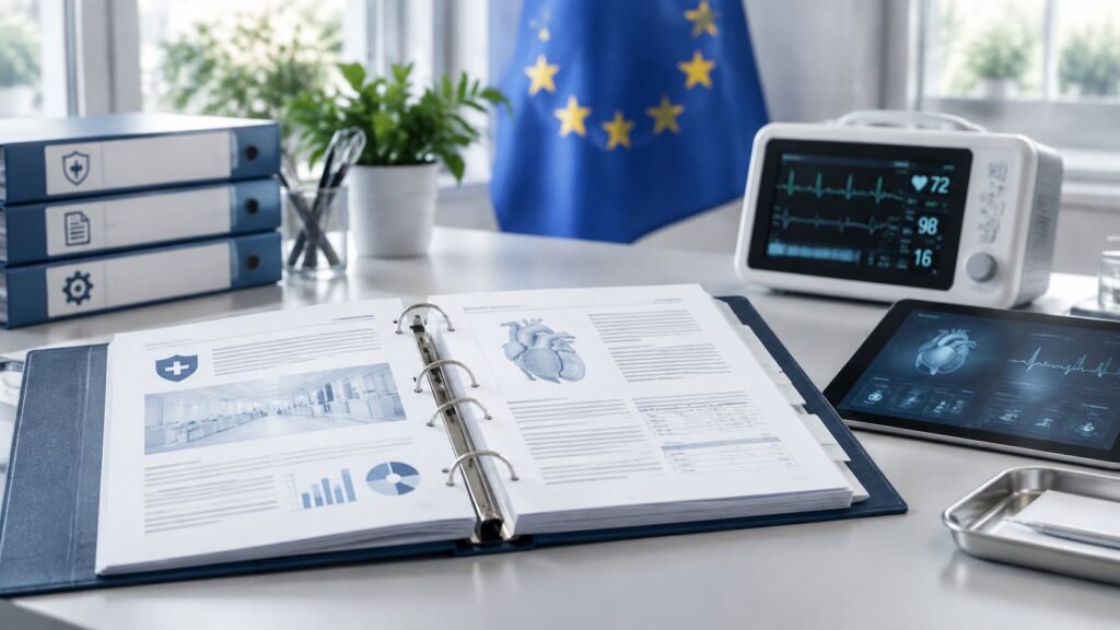 Clinical evaluation report binder with EU flag and patient monitor, illustrating a clinical evaluation report under the EU MDR