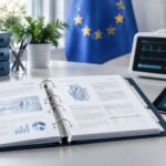 Clinical evaluation report binder with EU flag and patient monitor, illustrating a clinical evaluation report under the EU MDR