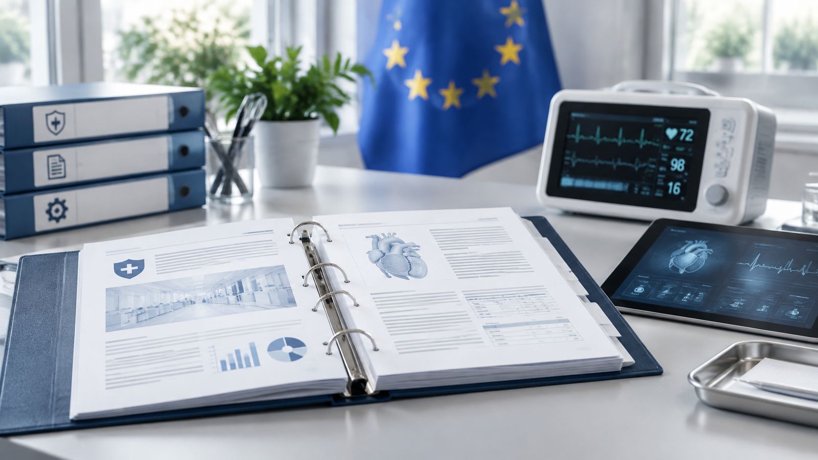 Clinical evaluation report binder with EU flag and patient monitor, illustrating a clinical evaluation report under the EU MDR