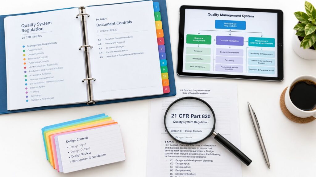 Quality system binder, design control cards and a magnifying glass over 21 CFR Part 820, illustrating the FDA quality management system regulation