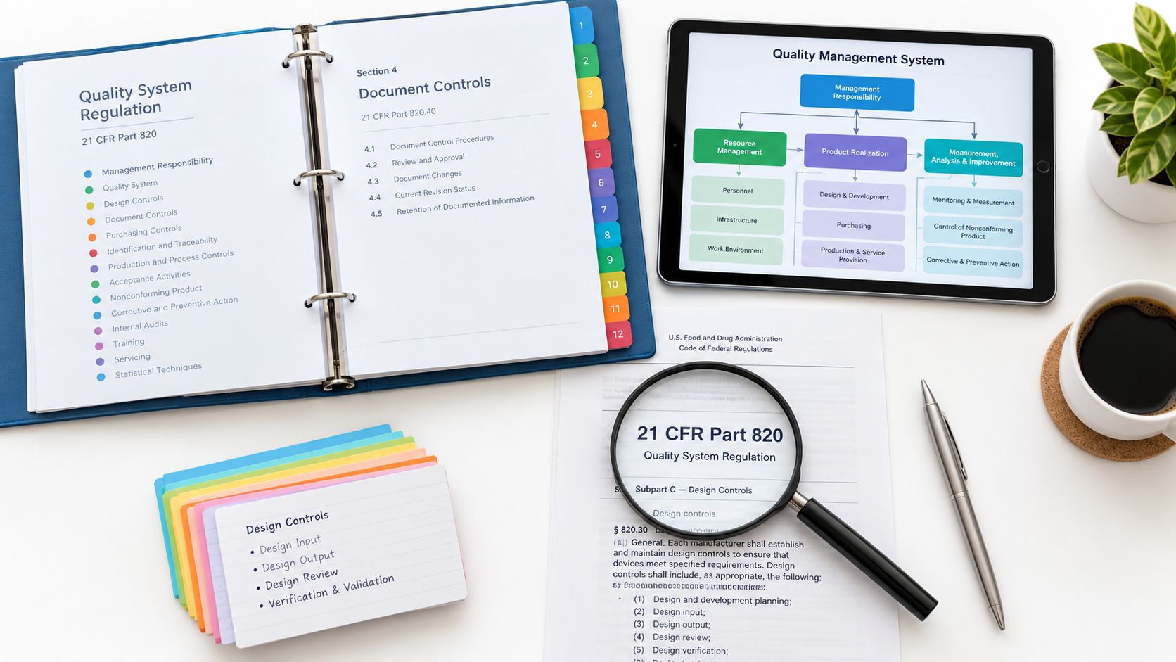 Quality system binder, design control cards and a magnifying glass over 21 CFR Part 820, illustrating the FDA quality management system regulation