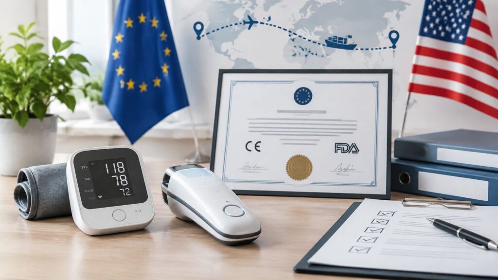 Medical devices beside a certificate of free sale with EU and US flags, illustrating free sale certification for EU and FDA export