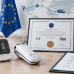 Medical devices beside a certificate of free sale with EU and US flags, illustrating free sale certification for EU and FDA export