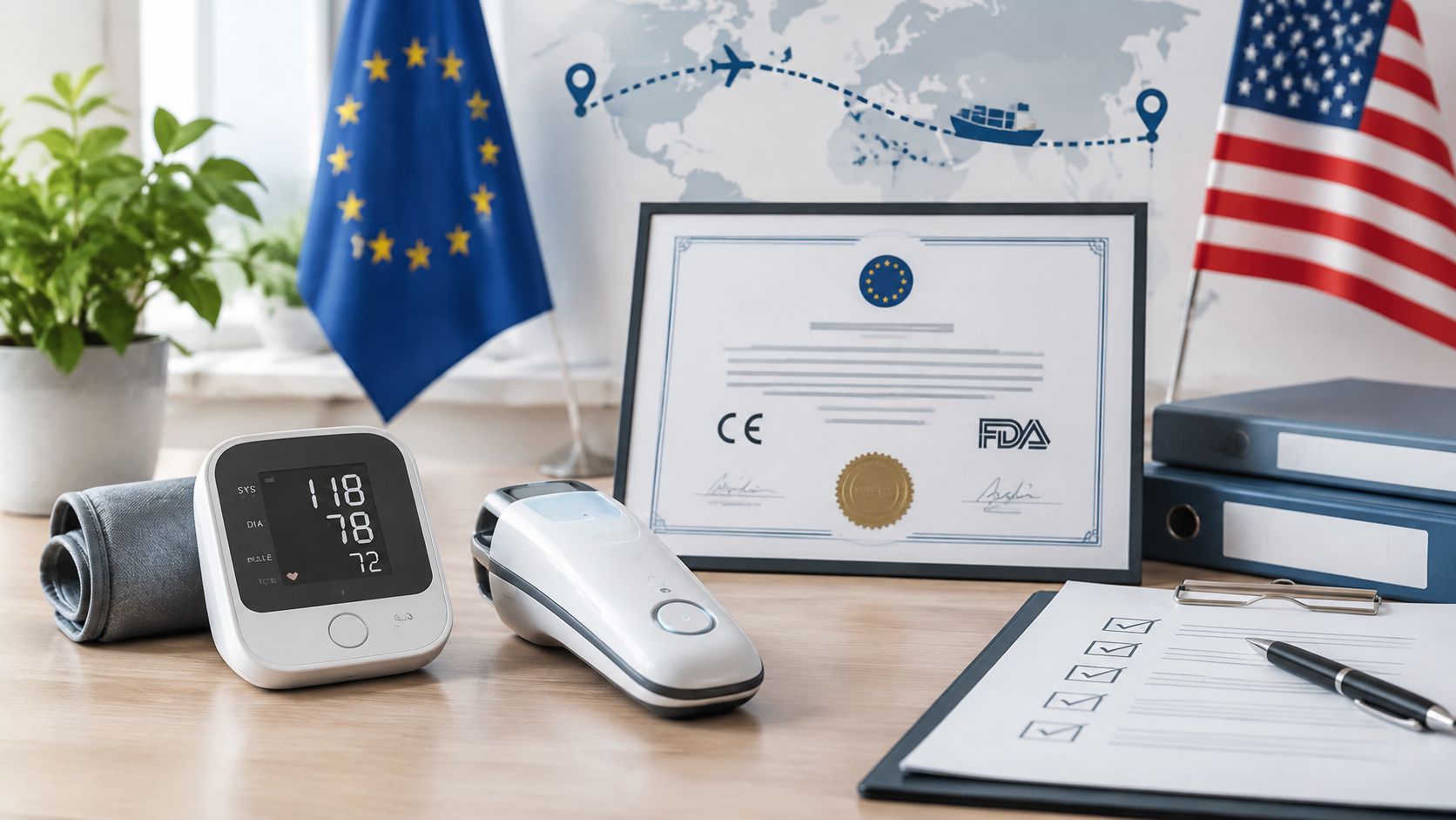 Medical devices beside a certificate of free sale with EU and US flags, illustrating free sale certification for EU and FDA export