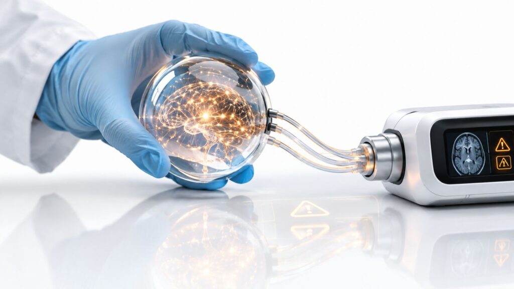 Glass sphere with a glowing neural network linked to an imaging device, illustrating high-risk AI systems in medical devices