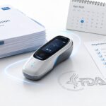 Handheld medical device with regulatory submission binders and checklist, illustrating an investigational device exemption study