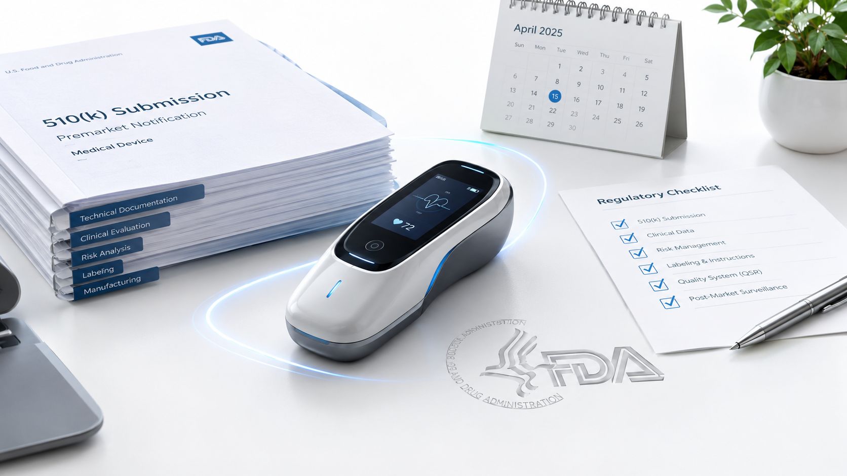 Handheld medical device with regulatory submission binders and checklist, illustrating an investigational device exemption study