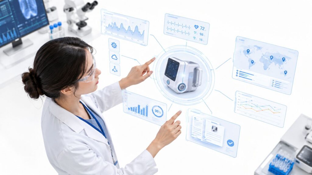 Clinician reviewing medical device performance data on digital dashboards, illustrating post market surveillance for medical devices