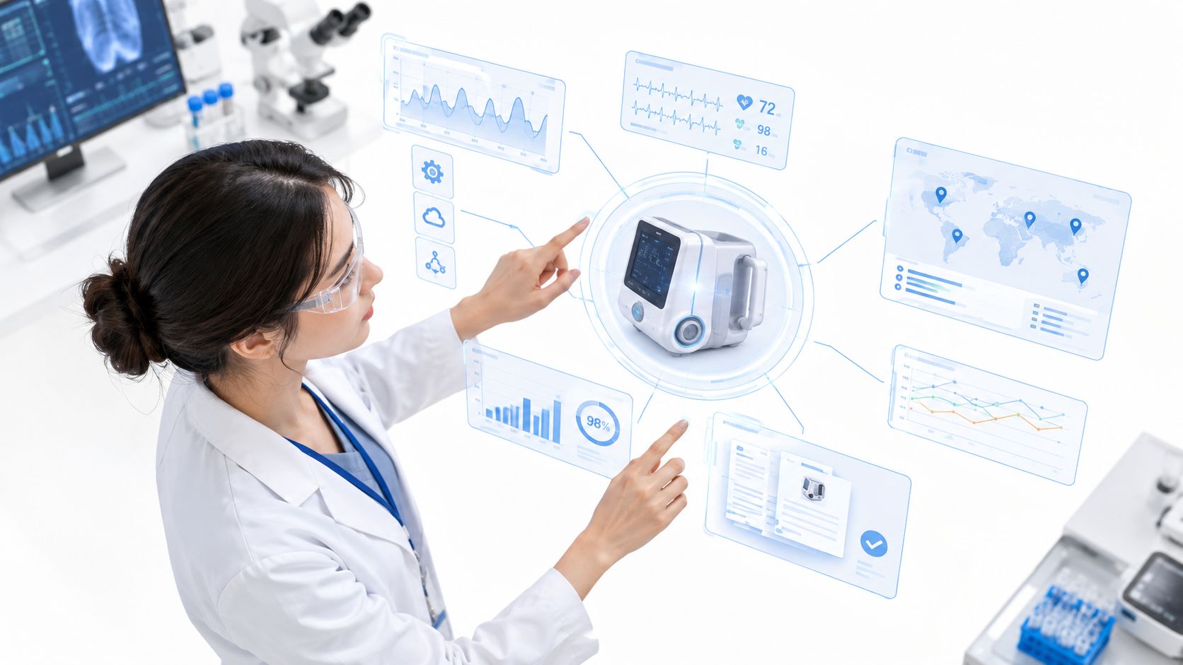 Clinician reviewing medical device performance data on digital dashboards, illustrating post market surveillance for medical devices