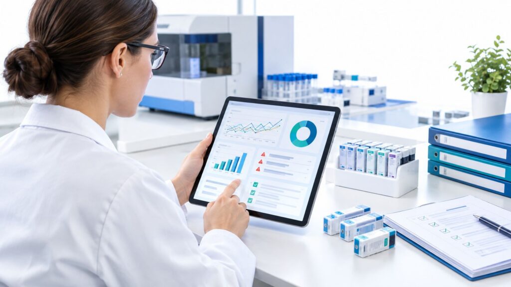 Laboratory scientist reviewing IVD performance data on a tablet, illustrating post market surveillance under the IVDR